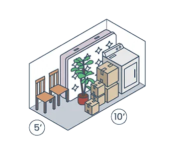 Illustration of a 5 by 10 storage unit with furniture and boxes